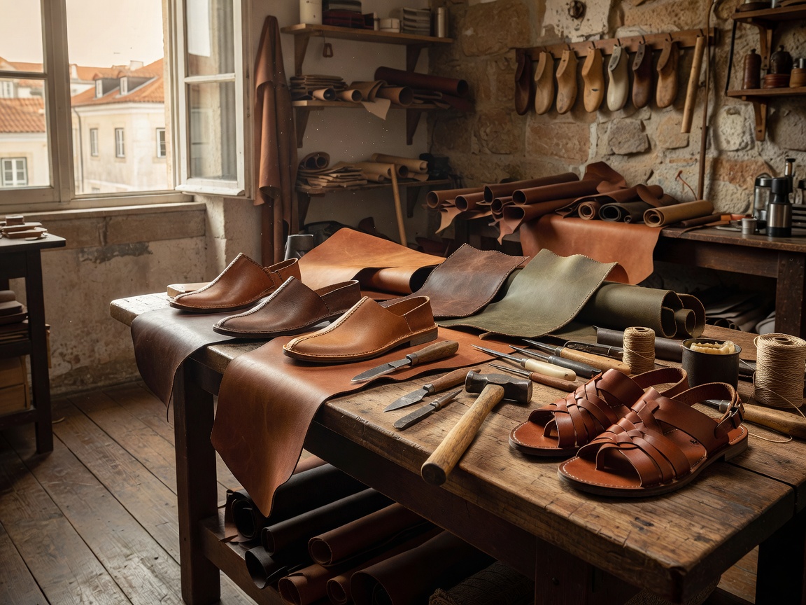 Alohas handmade leather footwear craftsmanship setup with tools and vegetable-tanned materials in Lisbon studio