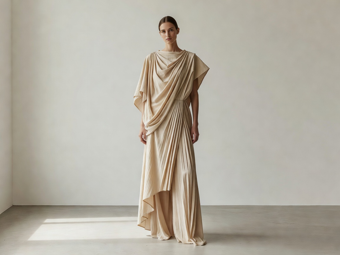 Jan N June ecological collection showcasing structural asymmetric beige cotton drape clothing on minimal model