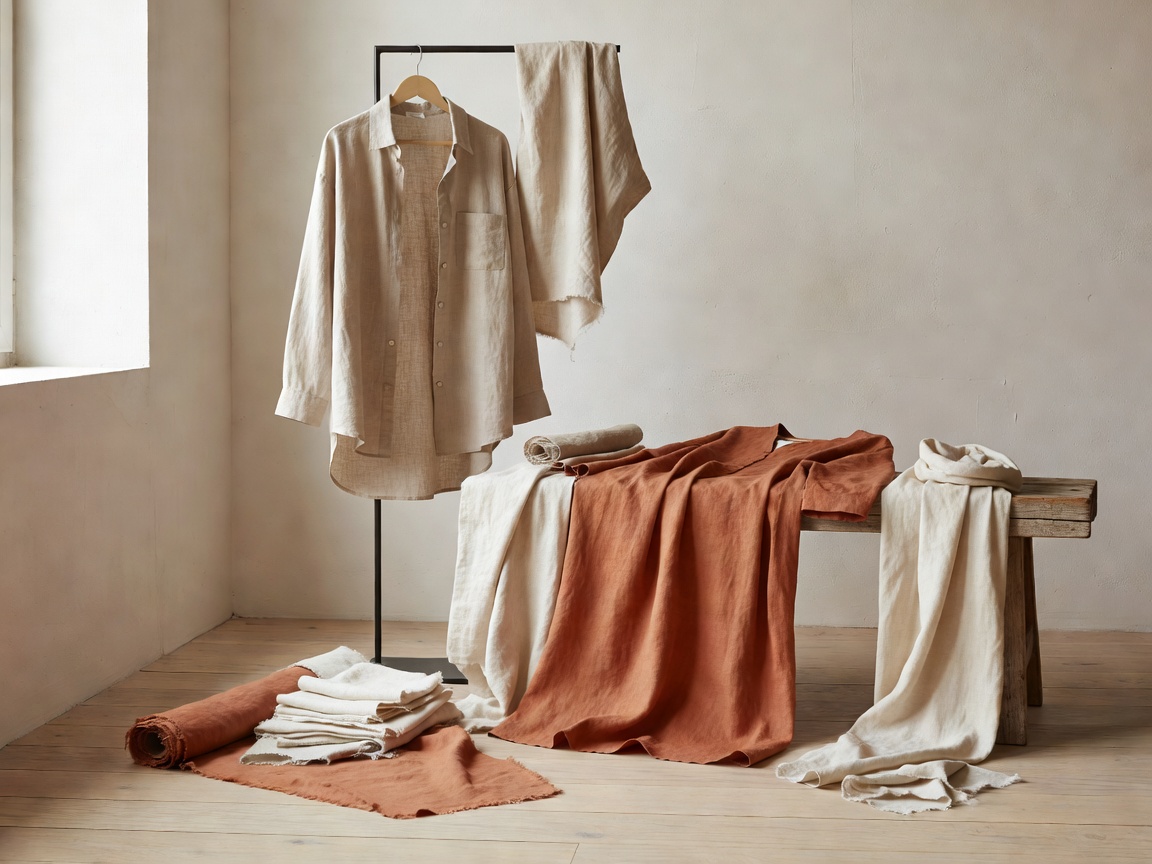 Linenfox Vilnius studio collection of raw beige, cream, and terracotta linen apparel textiles