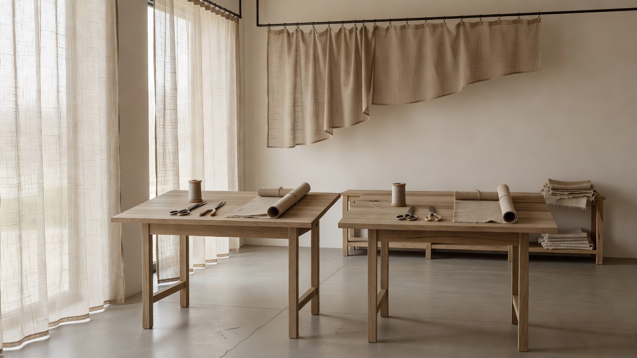 Minimalist sustainable textile workshop with soft raw flax curtains and drafting tables
