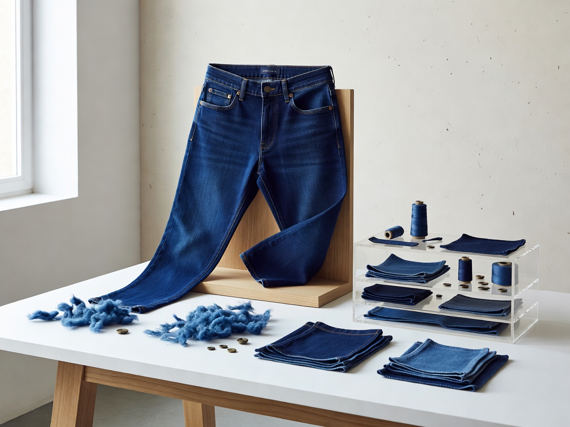 MUD Jeans sustainable deep blue recycled cotton jeans display illustrating zero-waste mechanics